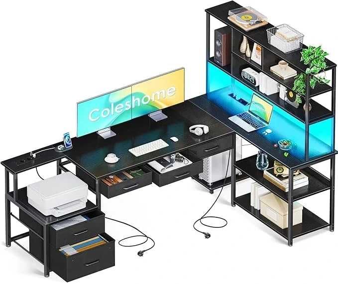 Coleshome Biurko narożne z 5 szufladami i 4 półkami, 200 x 110 cm.