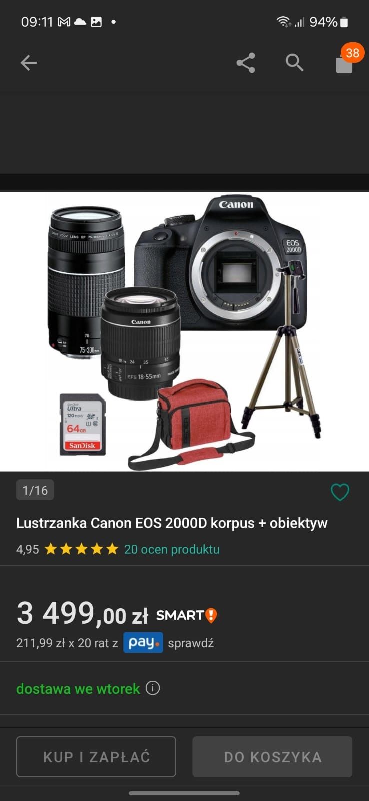 Lustrzanka Canon EOS 2000D + 18-55 IS II + 75-300 z torbą