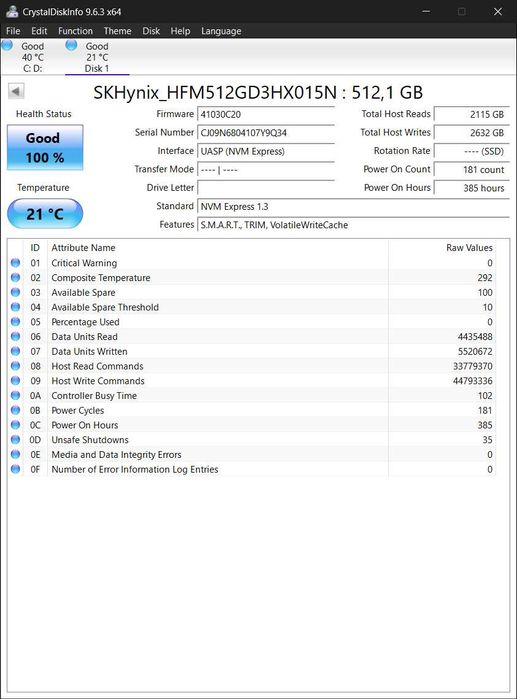 SSD 512Gb M.2 2242 PCIe 3.0 x4 SK Hynix BC711 HFM512GD3HX015N 100%