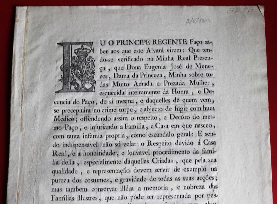 D João Príncipe Regente alvará de banimento de Dama Princesa 1803