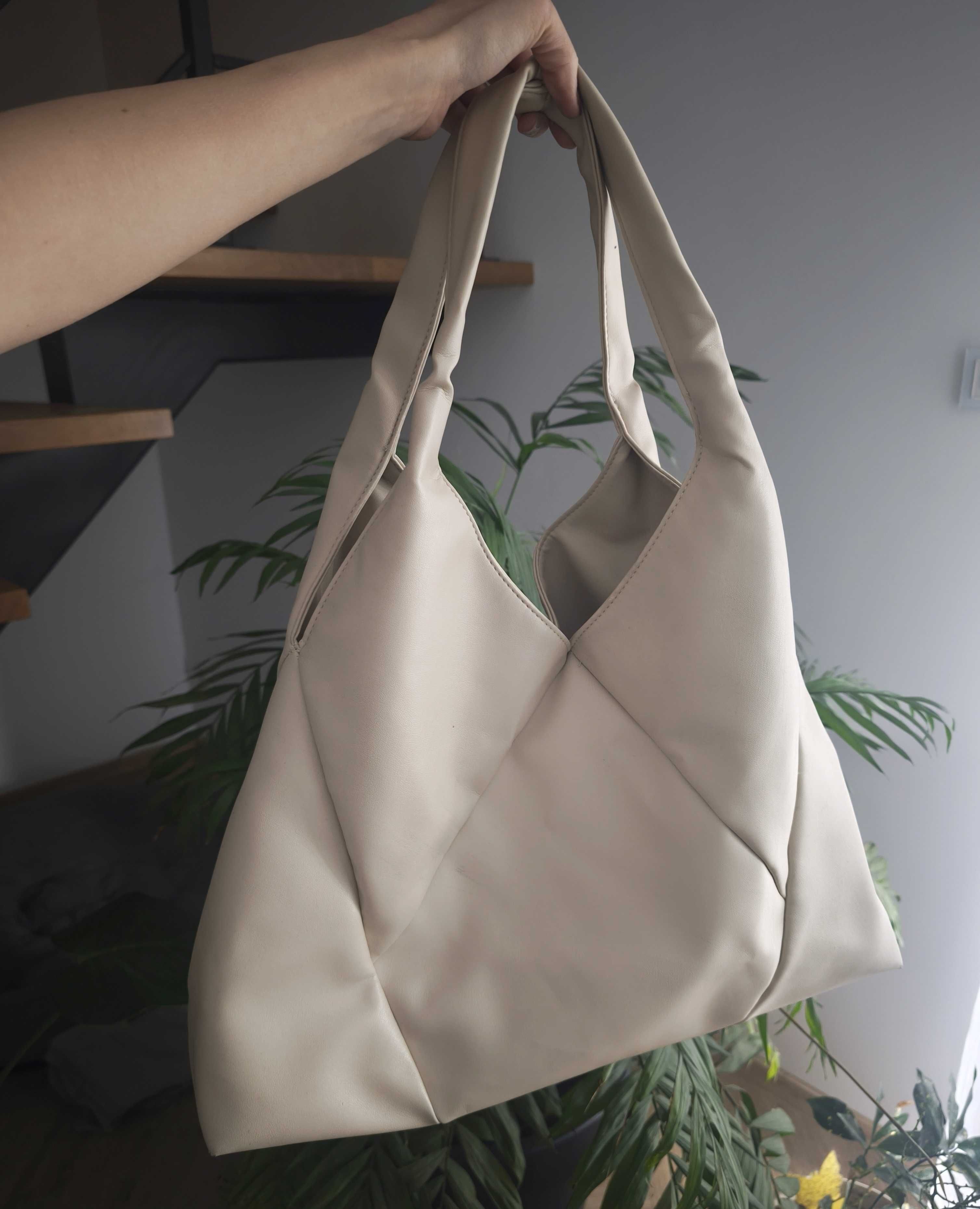 Kremowa torebka trapez patchwork lato worek duża torba shopper cream
