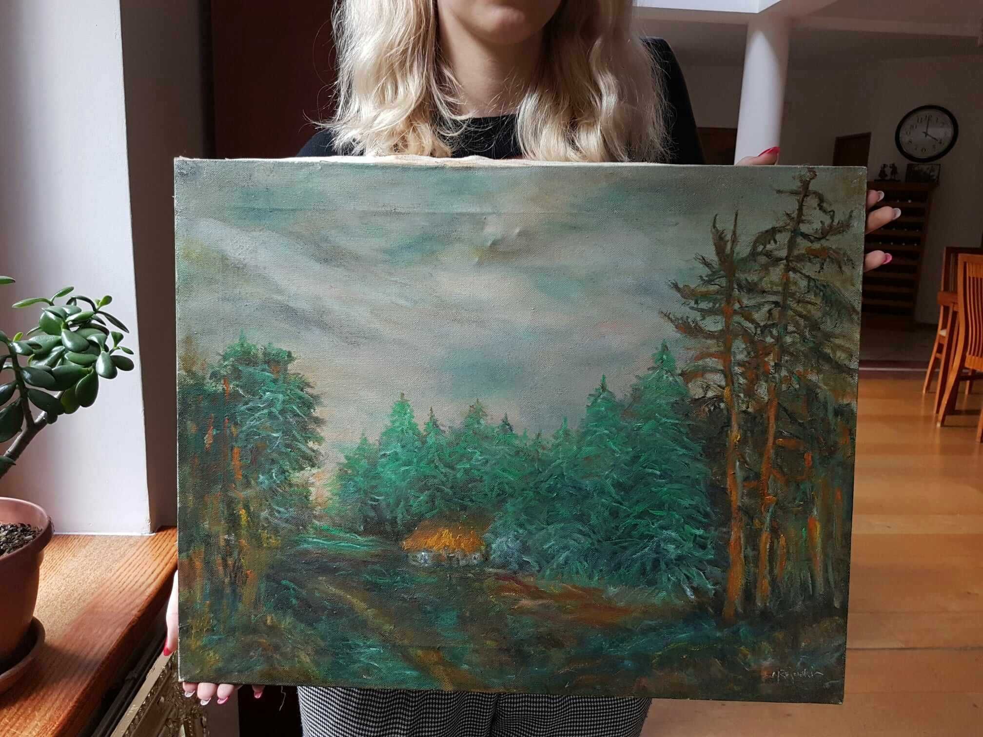 Obraz ręcznie malowany płótno Tajemnicza Chatka w Lesie RAJEWSKI 50x40