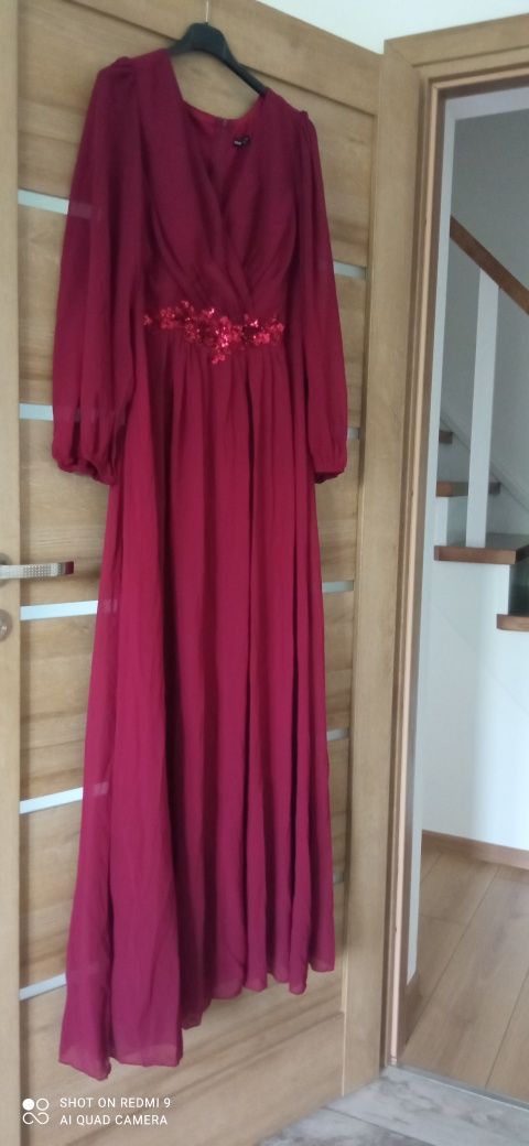 Nowa długa elegancka sukienka bordo na wesele ,L shein. Sylwester itp