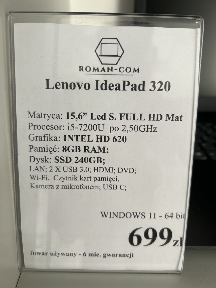 Laptop Lenovo IdeaPad 320/SSD 240GB/DDR4-8GB/i5-7200 2,5GHz/M.15,6"/11