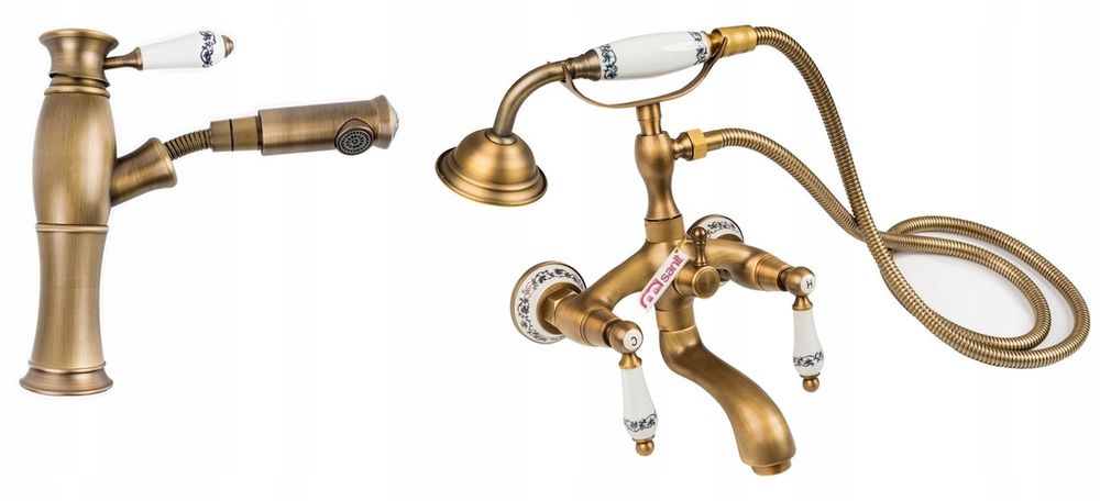 RETRO bateria umywalkowa wannowa stare złoto