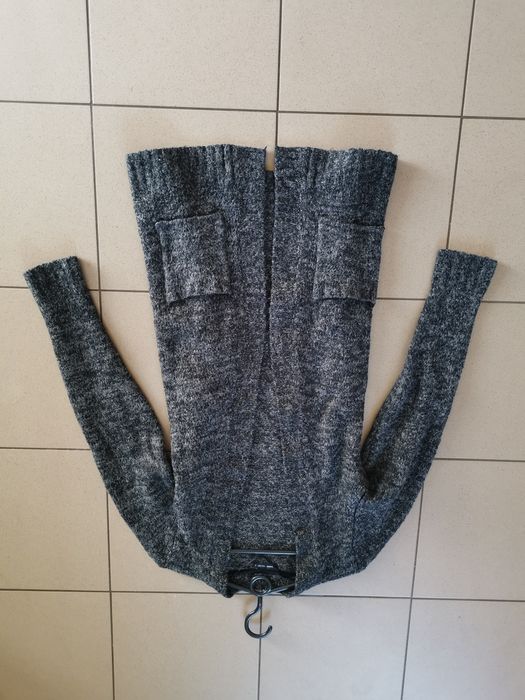 Długi kardigan z wełną szary narzutka melanzowa z kieszonkami s 36