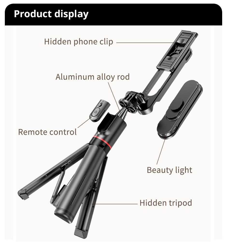 Mini statyw INRAM-L15 Selfie Stick składany ze światłem , Bluetooth