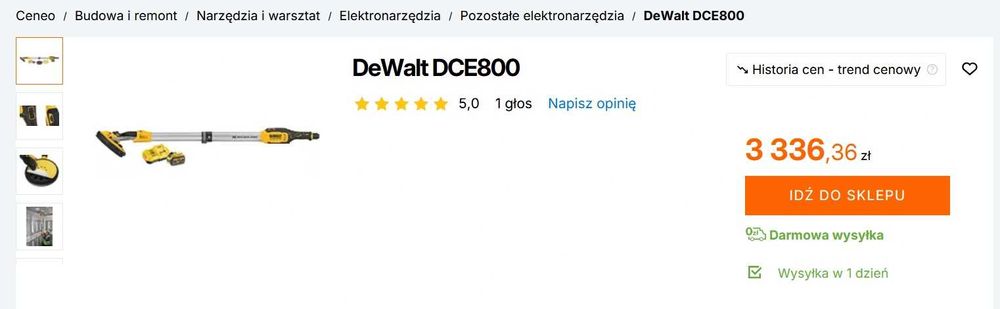 Szlifierka Żyrafa Do Gipsu Gładzi Ścian Tynków Dewalt DCE800 Aku 6.0ah