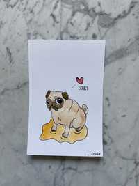 Kartka okolicznościowa mops mopsik pies miłość akwarele