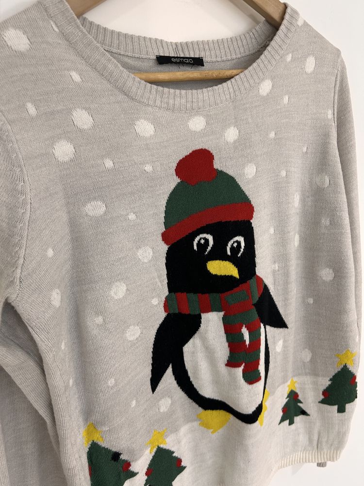Sweter szary świąteczny pingwin pingwinek długi rękaw cienki lekki