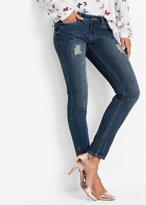 bonprix jeansowe spodnie damskie rurki skinny z przetarciami zamki 38