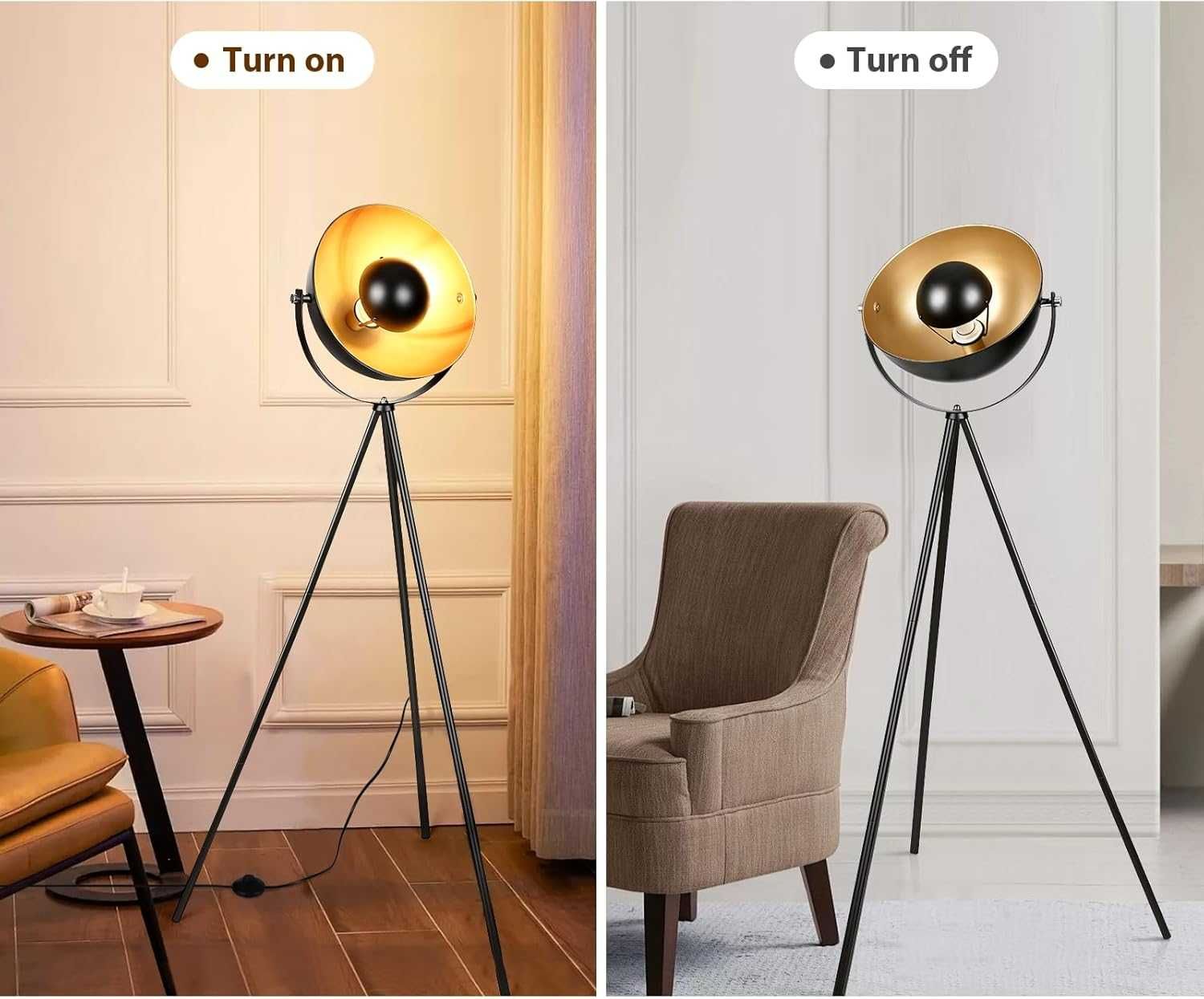 Retro lampa na trójnogu industrialna Lampa podłogowa czarno-złota