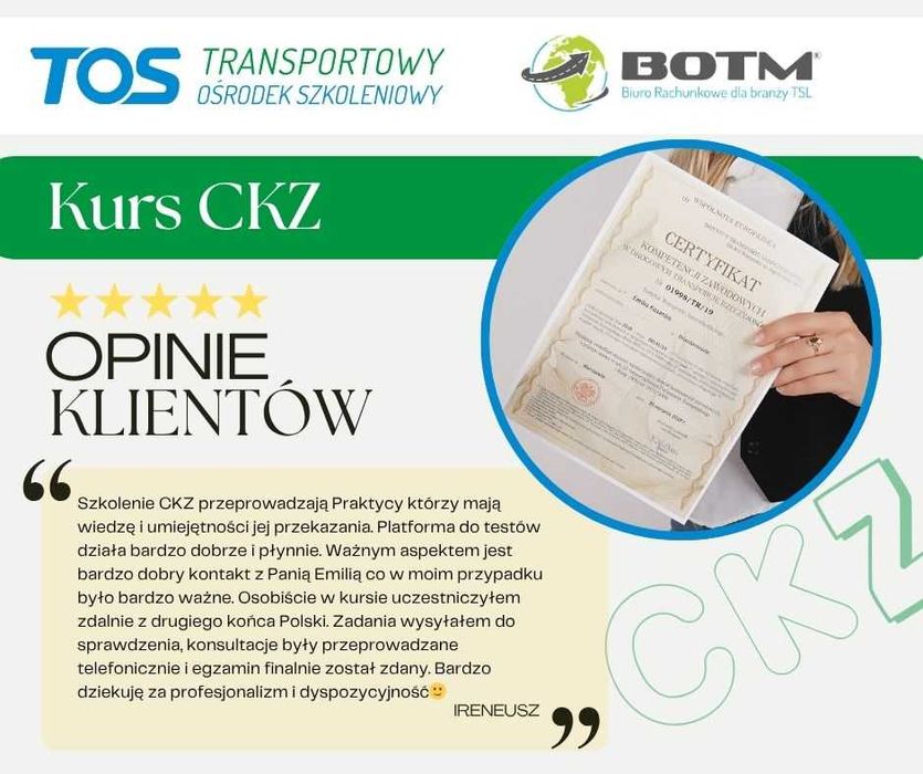 CKZ, Kurs na Certyfikat Przewoźnika, START: styczeń 2025