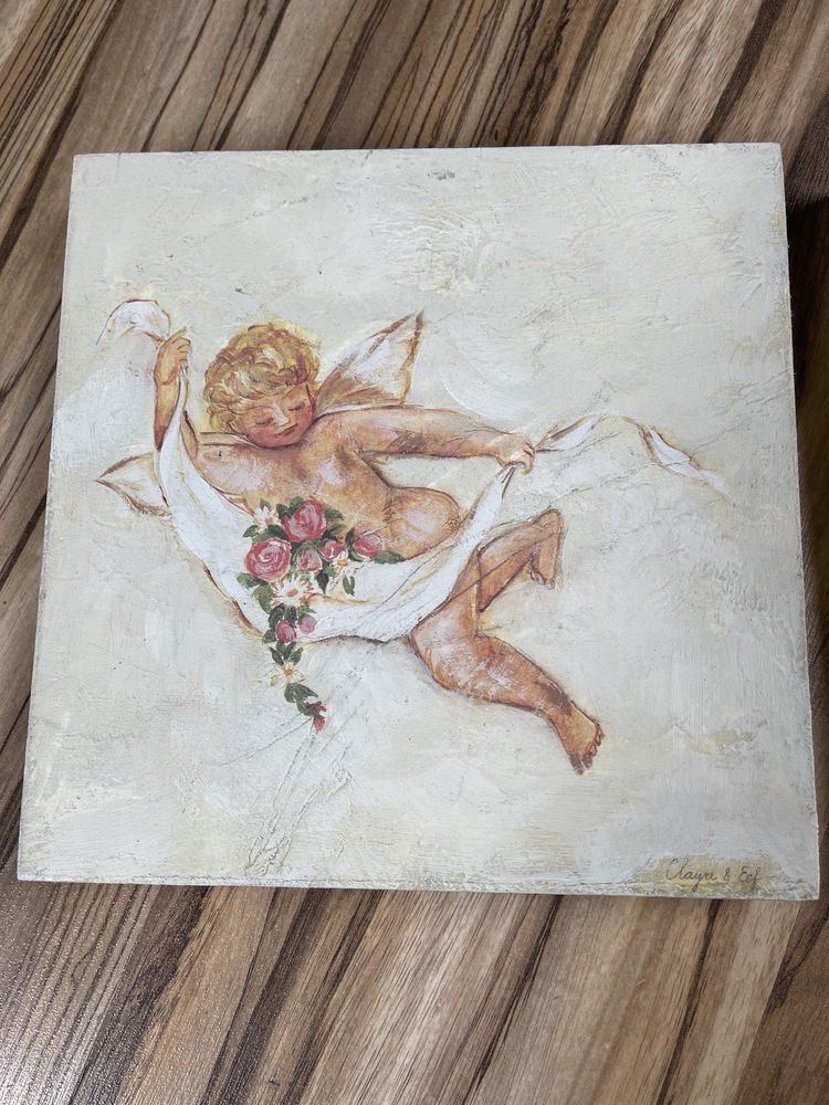 Aniołek Aniołek handmade sygnowany Vintage obraz na drewnie