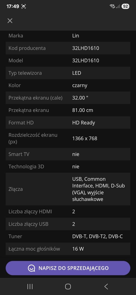 Telewizor HDReady 32 cale Lin 32LHD1610 DVBT2