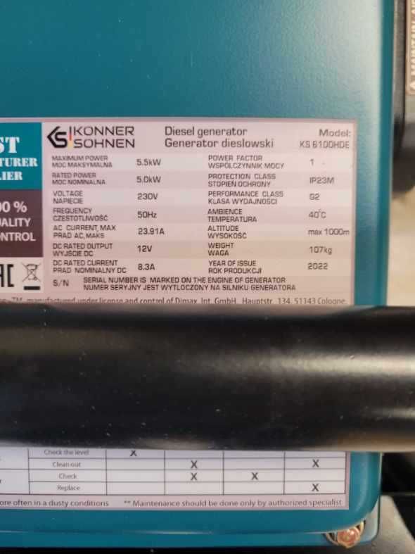 Agregat prądotwórczy Konner&Sohnen 5,5 kW Diesel NOWY!