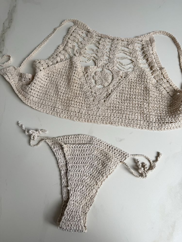 Beżowy dwuczęściowy strój kąpielowy bali boho ażurowy top