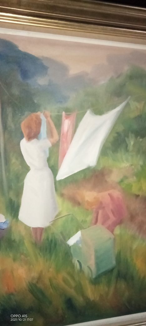 Stary obraz olejny Socrealizm Sygnatura artysty Kobieta z praniem XXw.