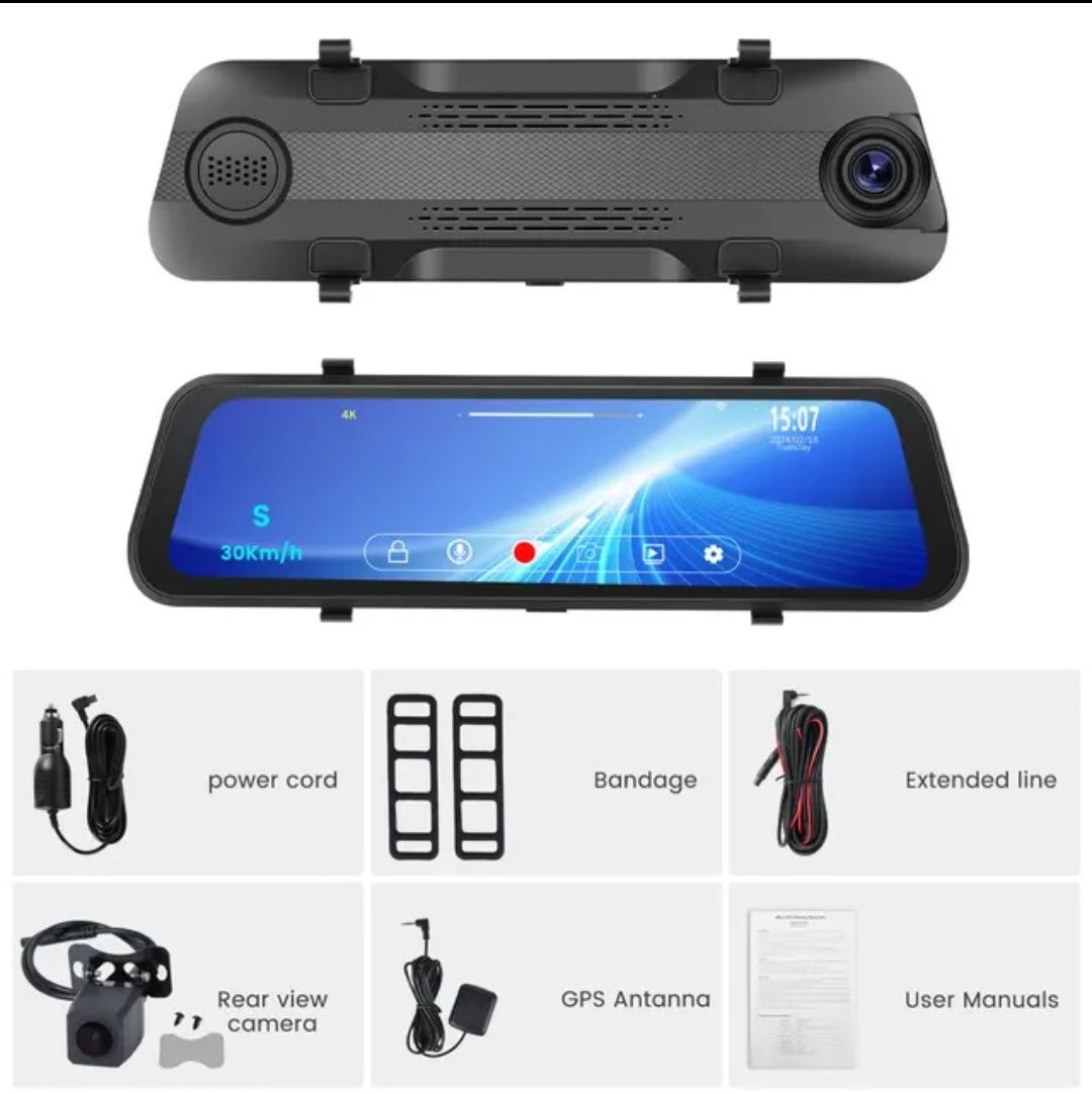 Espelho retrovisor 9,66 polegadas DashCam com 2 Câmaras 4K HD DVR NOVO
