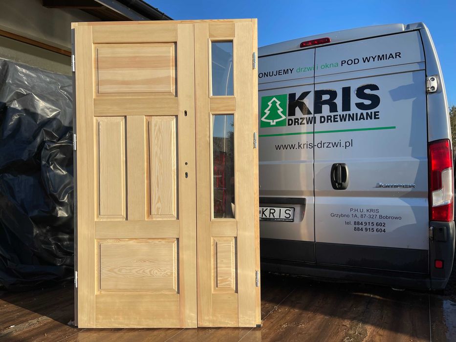 Drzwi zewnętrzne drewniane 900 OFERT ocieplane dwuskrzydłowe SOSNOWE