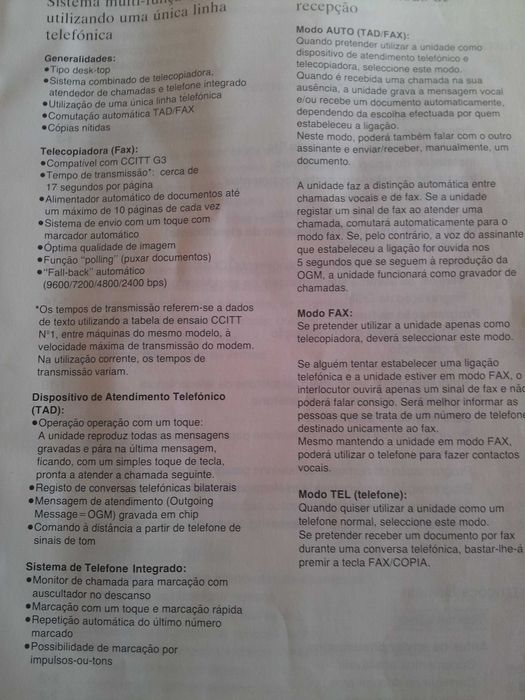 Vendo sistema Panasonic KX-F2050BS com telecopiadora, telefone e fax.