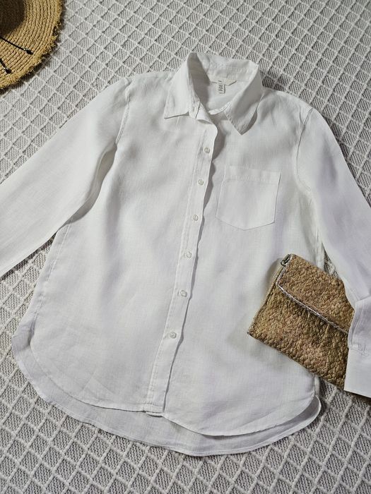 Белая льняная рубашка H&M р. S-Xs