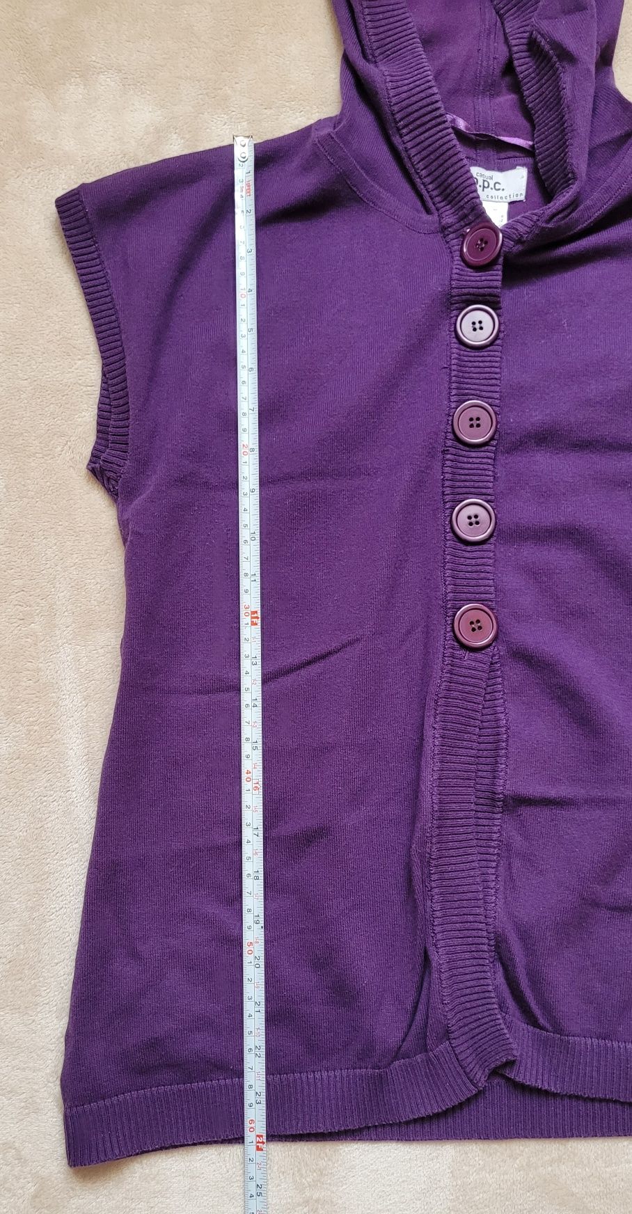 Damski bezrękawnik z kapturem sweterek BonPrix Casual 36/38 kol śliwka