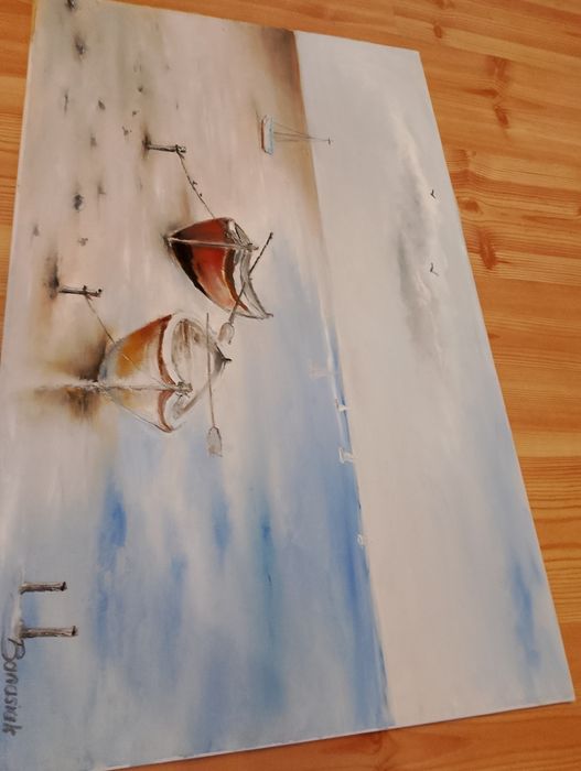 Obraz łódki na plaży 80/50 cm rękodzieło