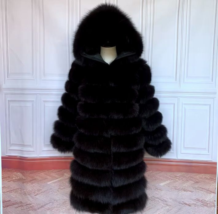 Futro naturalne z lisa kurtka 120 cm plaszcz 4w1 brąz kamizelka kaptur