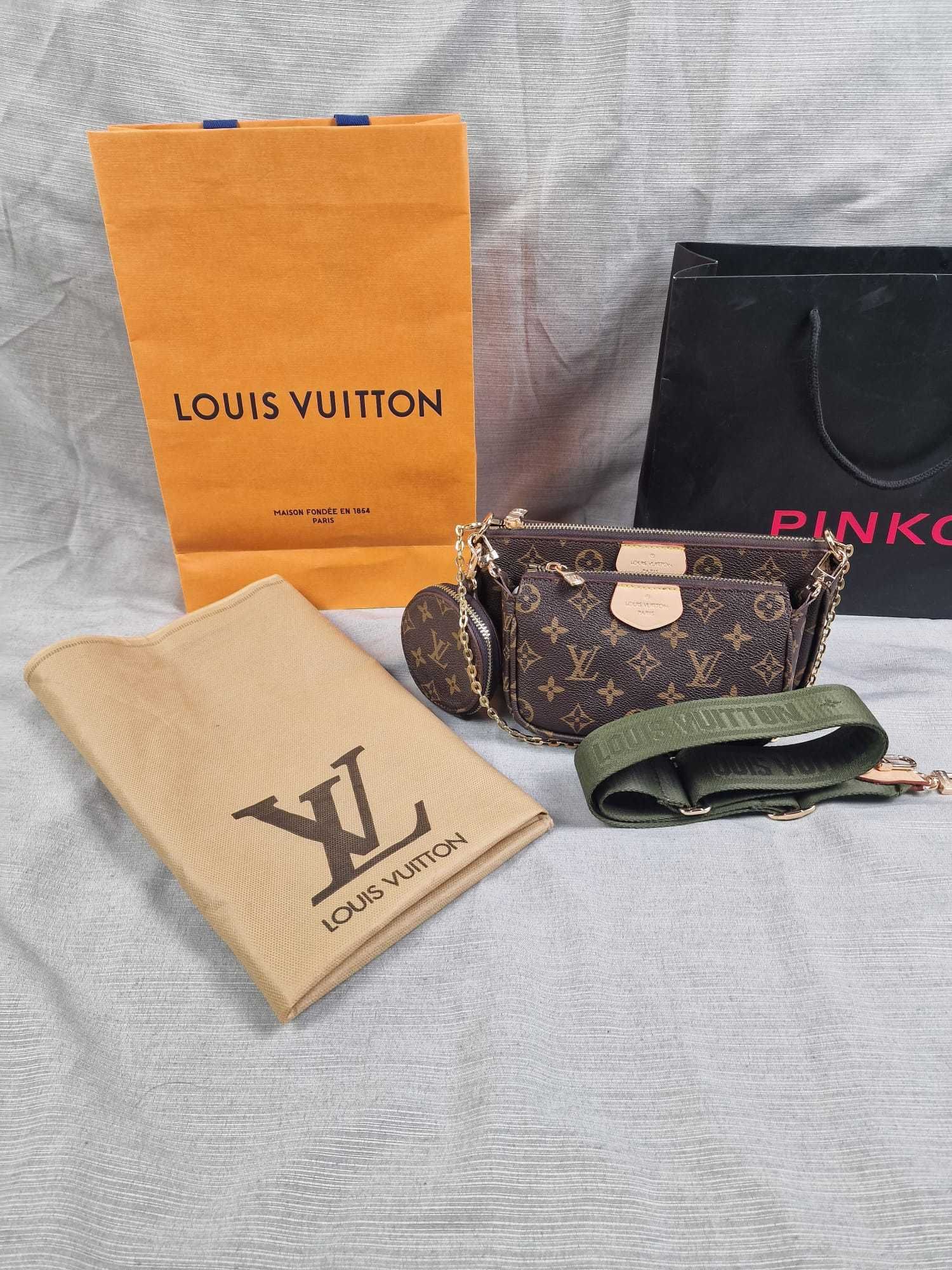 Torebka damska 3w1 LV Louis Vuitton brązowa zielony pasek monogram