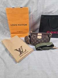 Torebka damska 3w1 LV Louis Vuitton brązowa zielony pasek monogram