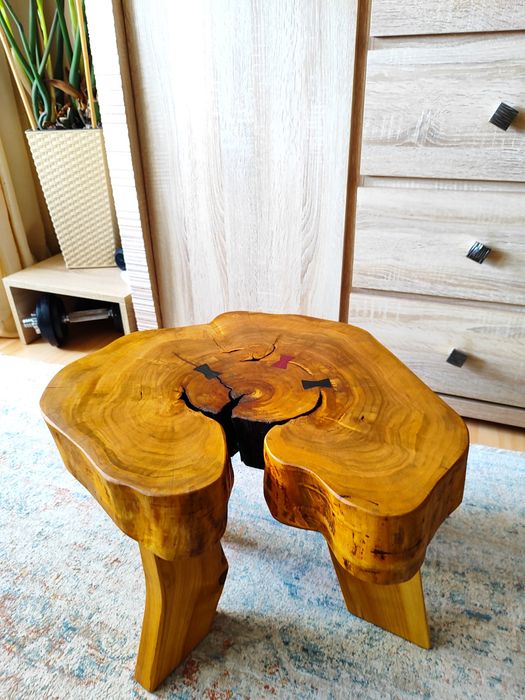 Stolik kawowy z plastra, taboret, krzesło, czereśnia lite drewno