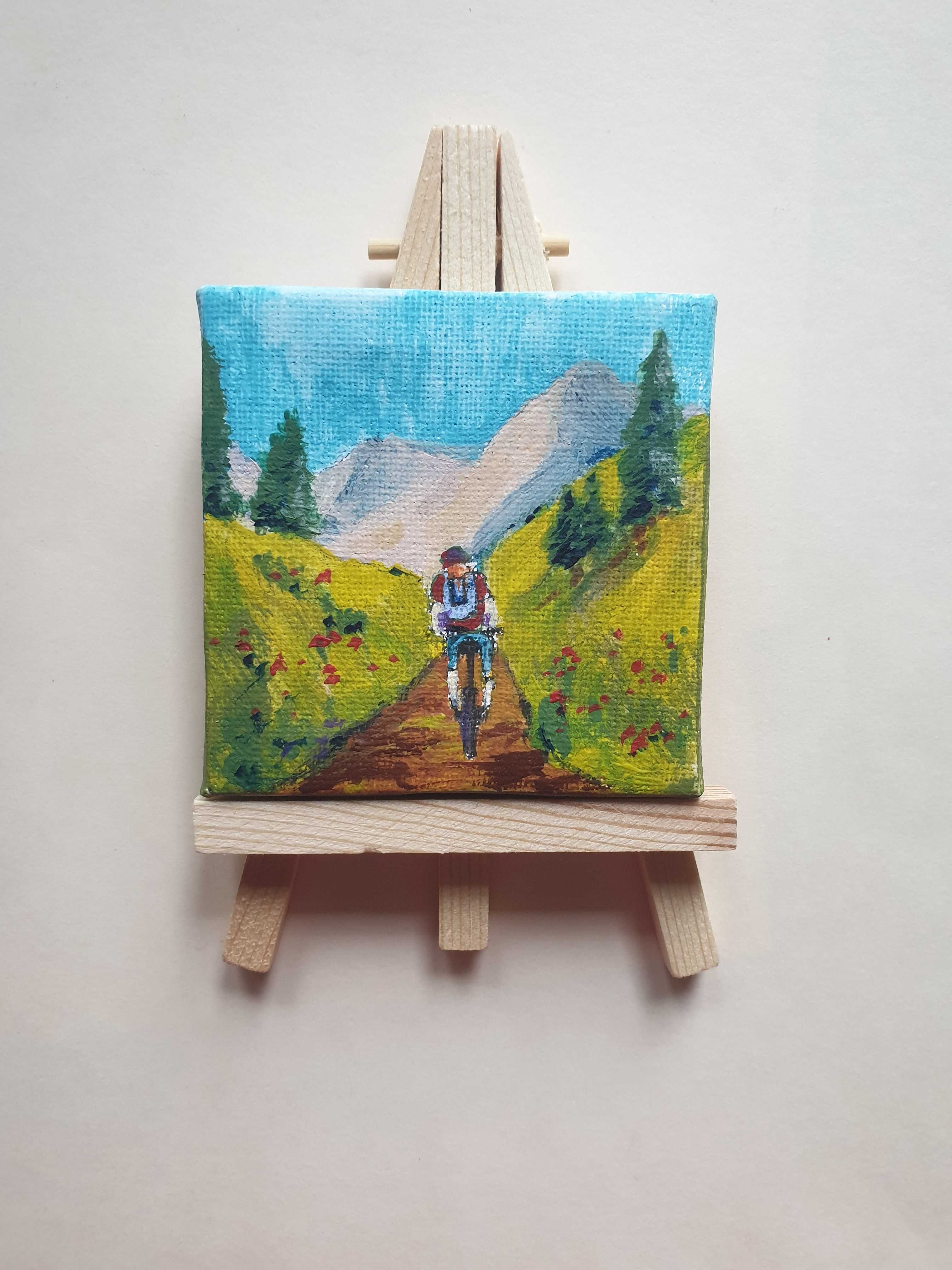 Mini obraz ręcznie malowany Rower góry maki+ sztaluga