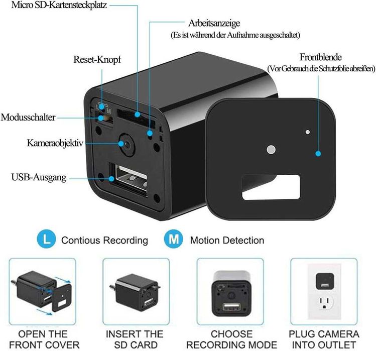 Jiyibidi 1080P mini kamera do monitoringu, niania, ładowarka USB