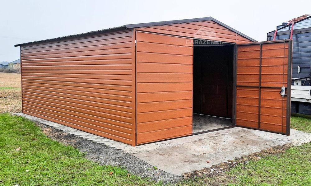 GARAŻ BLASZANY 4m x 6m Dwuspad Brama Orzech Drewnopodobny 4x6 GB249