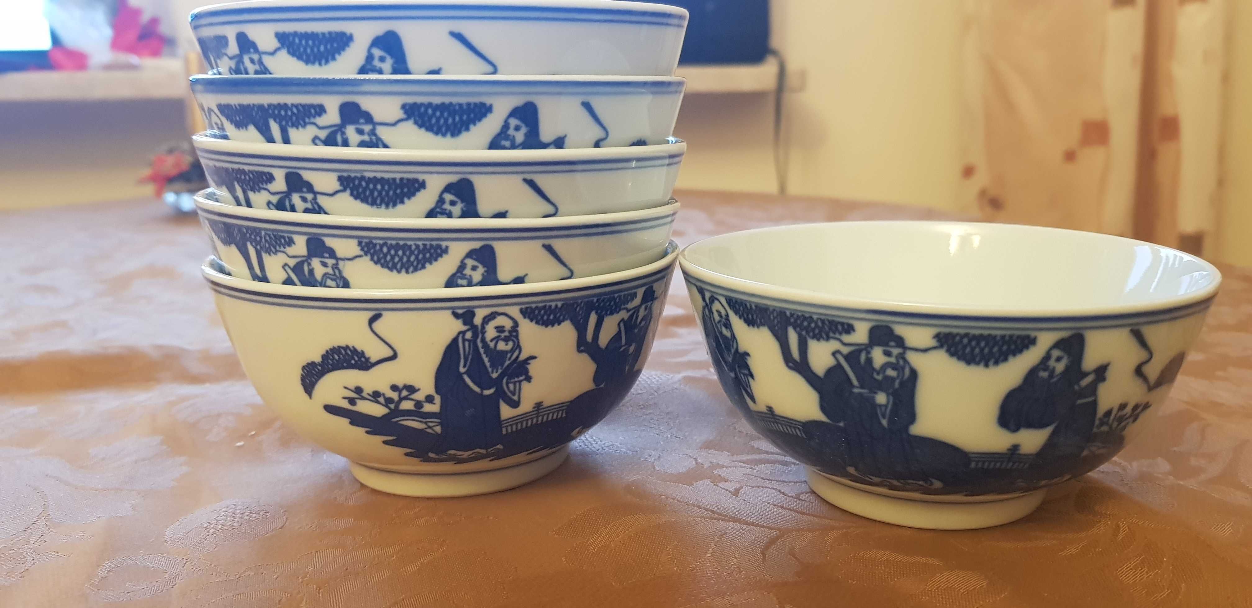 Chińskie oryginalne  porcelanowe miseczki z łyżkami do zupy- 6 sztuk