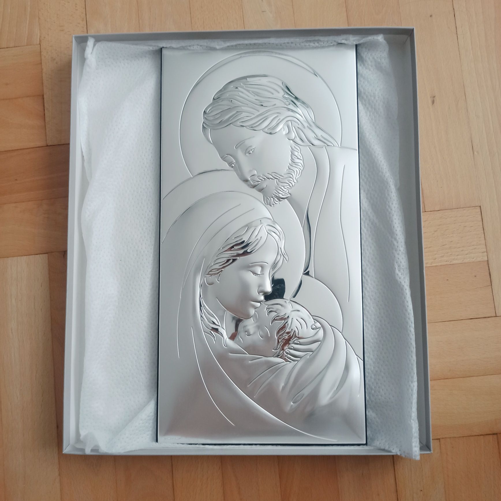 NOWY nieużywany srebrny obraz Święta Rodzina 18x36 Beltrami ślub