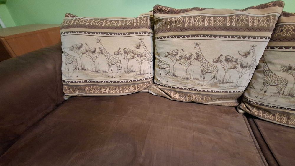 rozkładana sofa ze wzorzystymi poduszkami