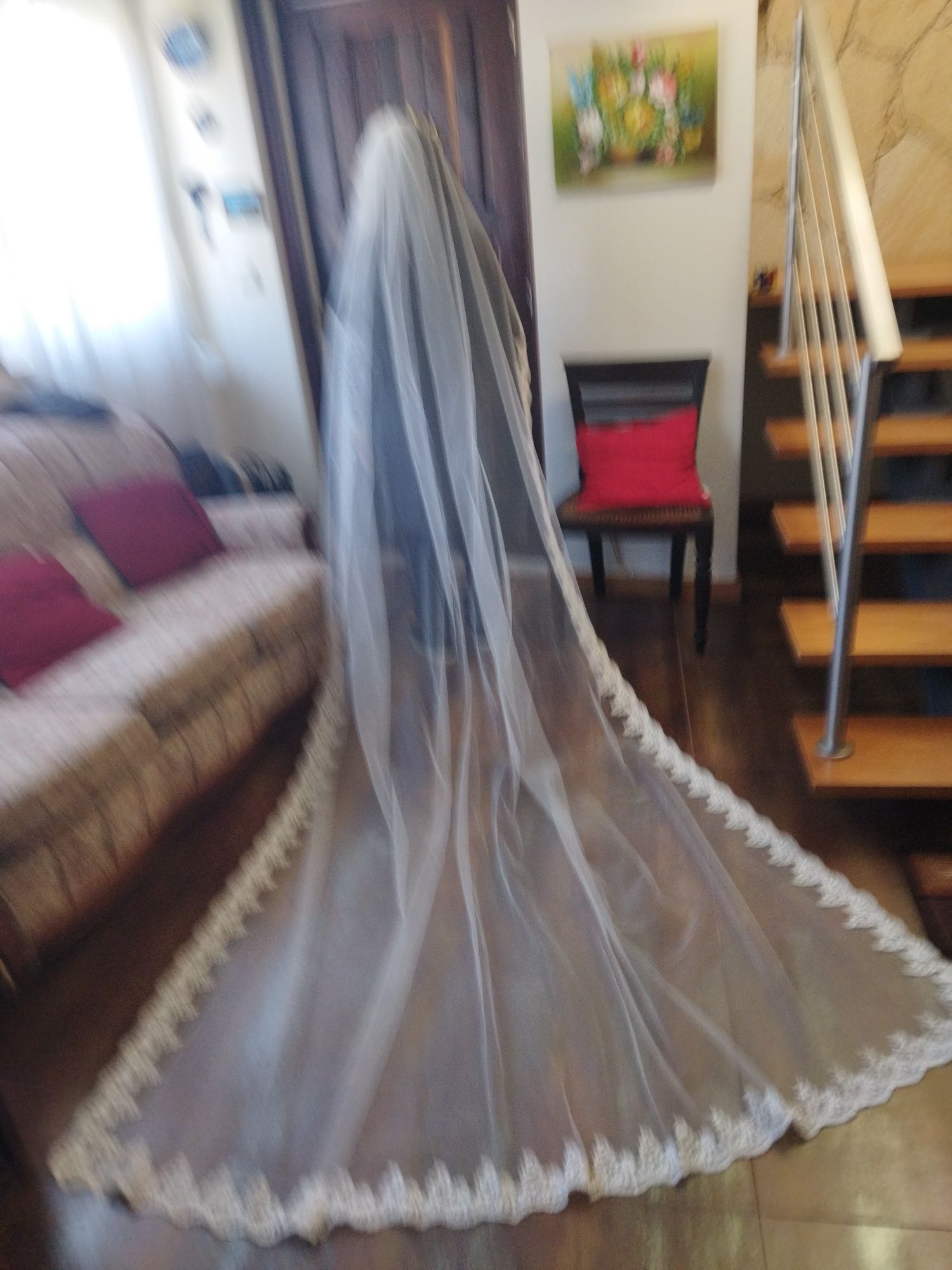Véu de noiva em tule e renda de organza