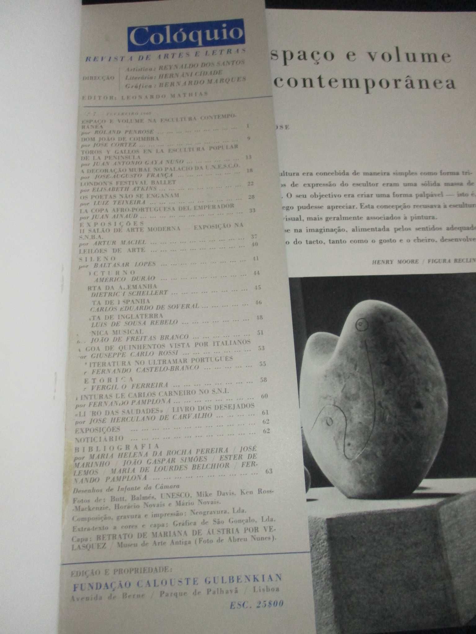 Livro Revista Colóquio Artes e Letras  nº 7 Fevereiro de 1960