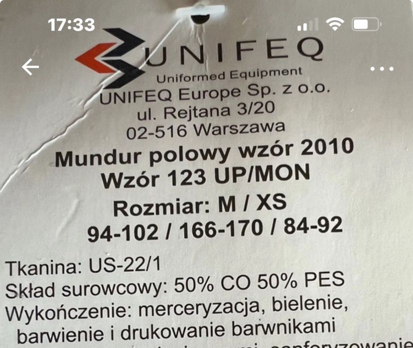 Mundur nowy polowy MON 123UP/MON M/XS