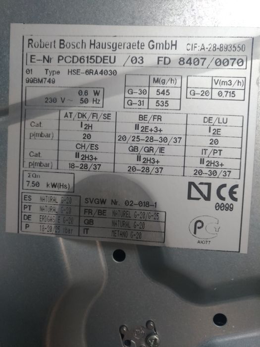 Placa fogão encastrar BOSH gás natural