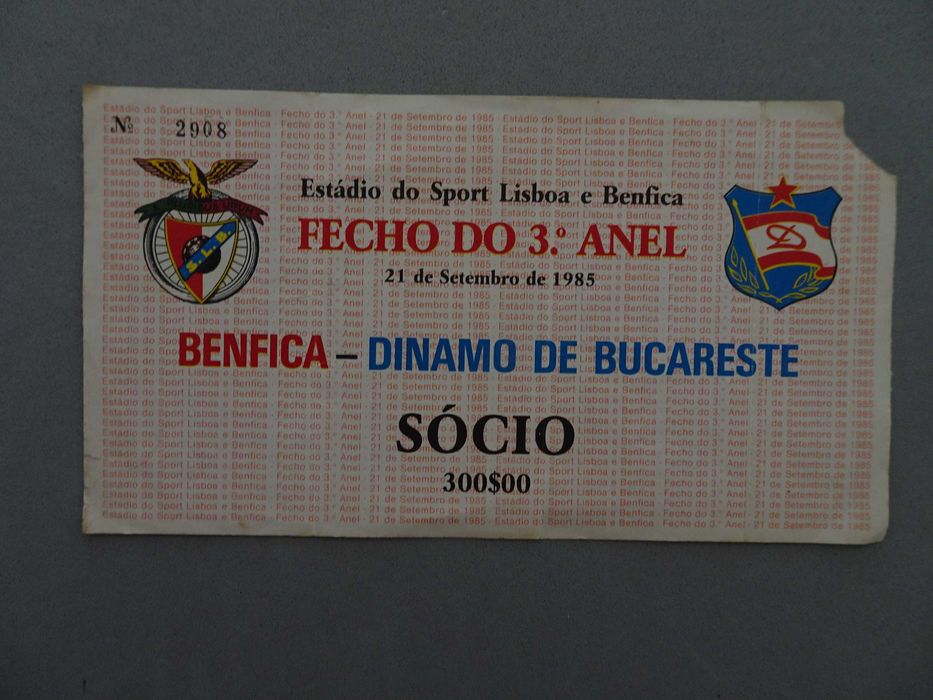 Bilhete futebol Benfica Dinamo de Bucareste Fecho do 3ºanel set 1985