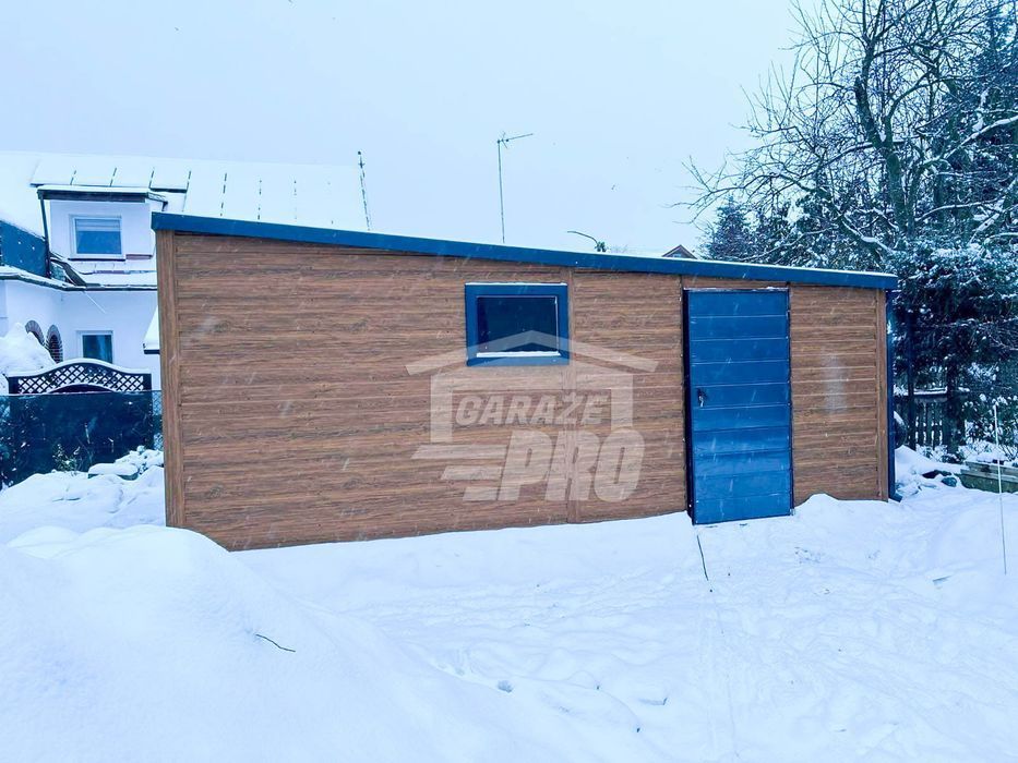 Garaż Blaszany 4x6 okno - drzwi - Antracyt drewnopodobny GP255