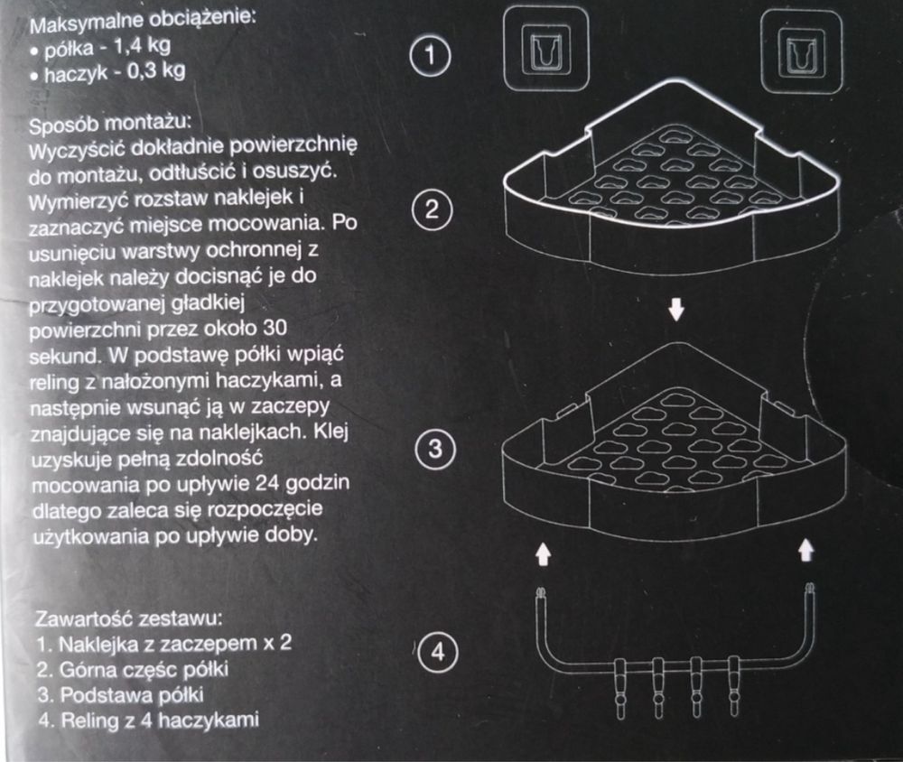 Półka narożna łazienkowa czarna z haczykami