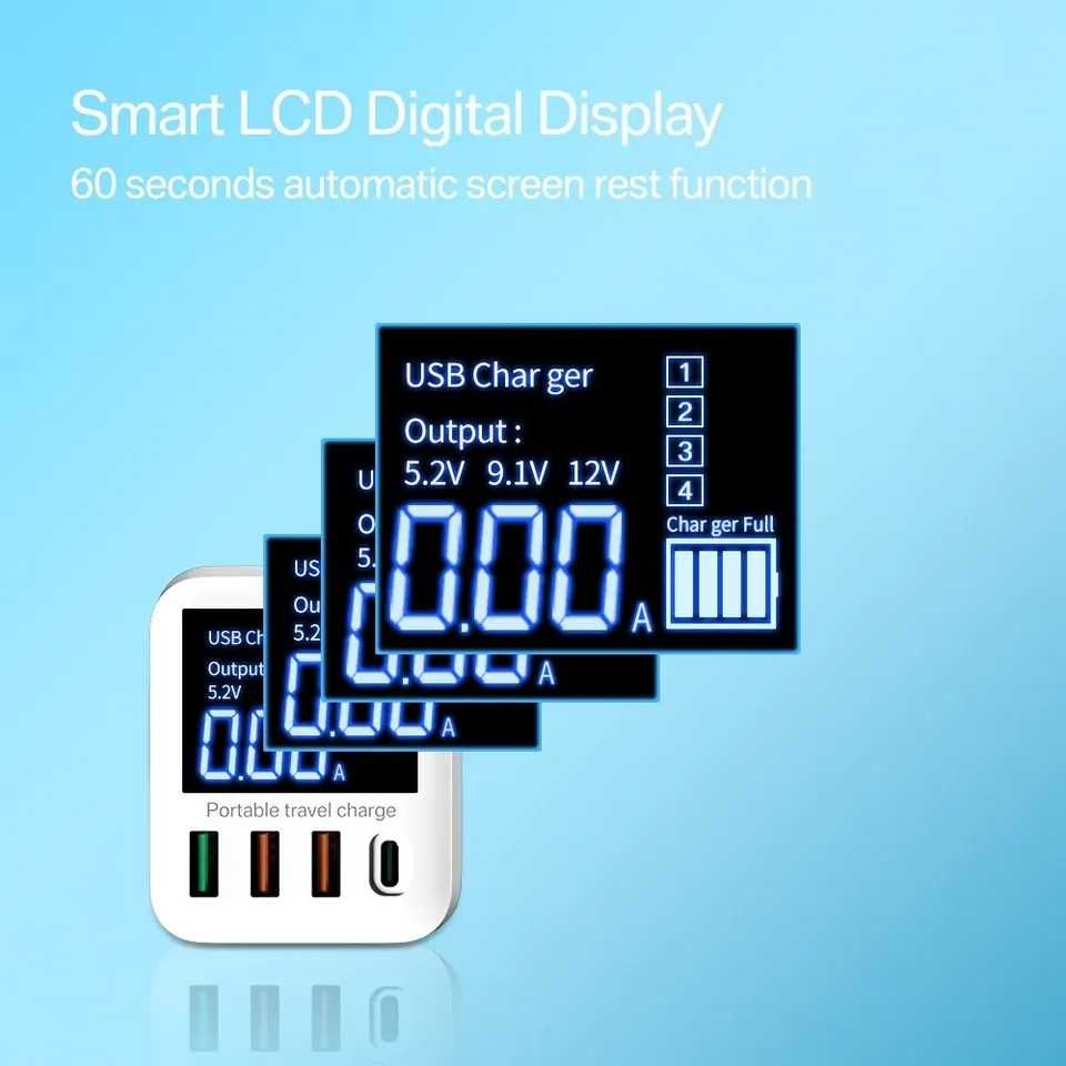 Szybka ładowarka ASOMETECH 40W USB 4-portowa z wyświetlaczem LED