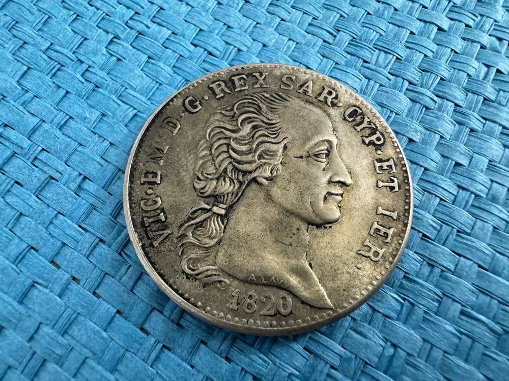 Moeda Prata-Kingdom of Sardinia-5 Lire 1820-Vittorio Emanuele I