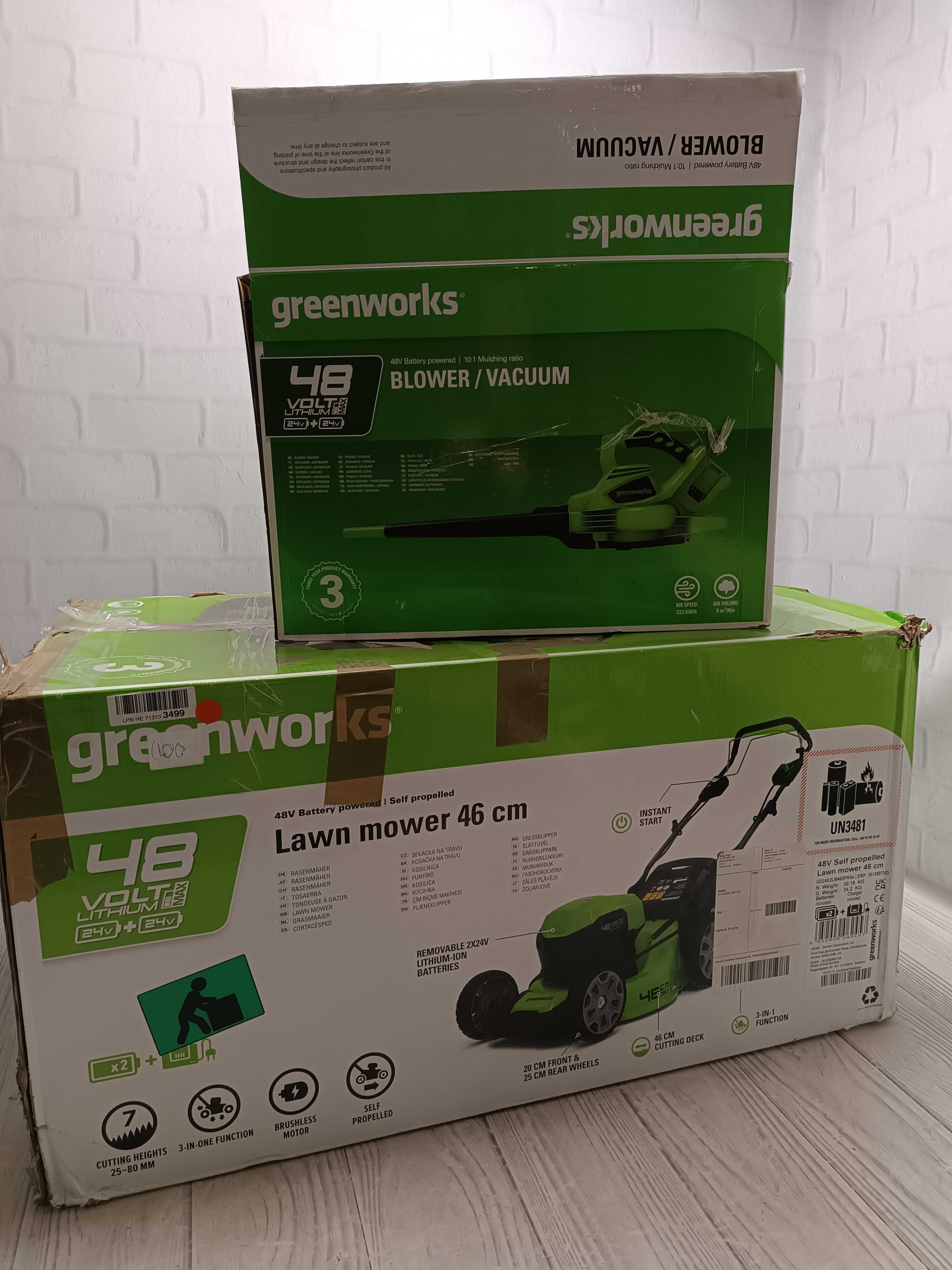 Greenworks 48В акумуляторна газонокосарка + повітродувка GD24X2BV