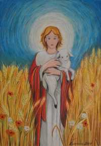 Święty obraz religijny pastele olejne - Jezus Chrystus pasterz