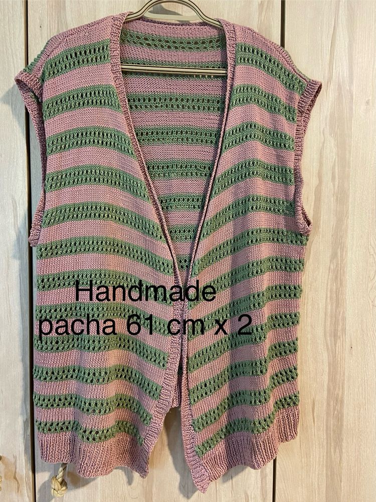 Zielona różowa damska 50 5XL handmade kamizelka bezrękawnik Vintage